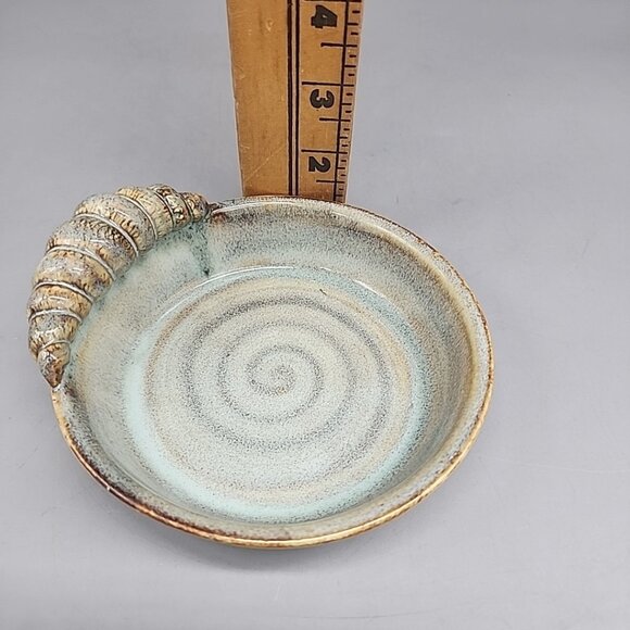 Art Pottery Soap Trinket Dish Shell Swirl Decor On Edge Blue Brown 5" - Picture 5 of 5